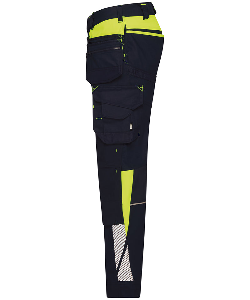 Dassy holsterzakkenbroek Shanghai stretch met kniezakken navy geel zijkant