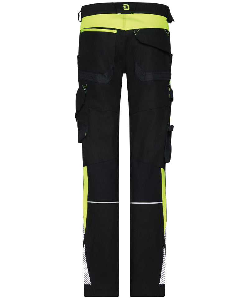 Dassy dames werkbroek Canton stretch met kniezakken zwart geel achterkant