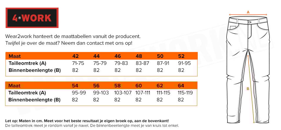 Schilderswerkbroek Jerez stretch 4-Work - Maattabel