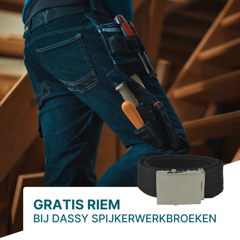 Gratis riem bij Dassy spijkerwerkbroeken