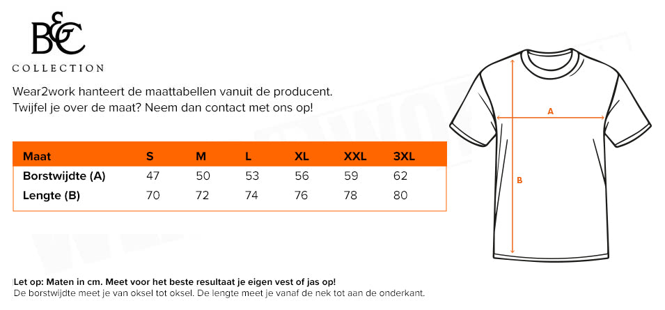 Organic T-shirt B&C - Maattabel