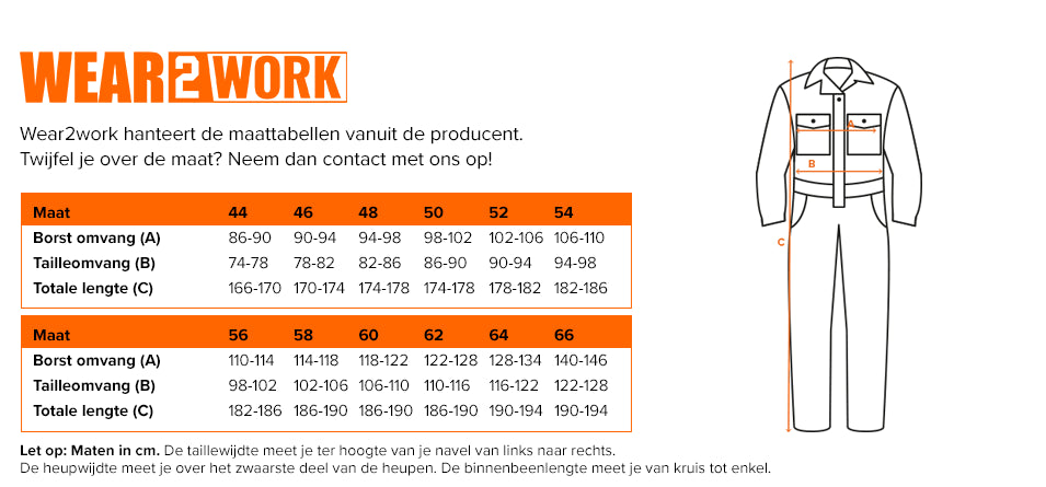 RWS Bodybroek high-visibility - Maattabel