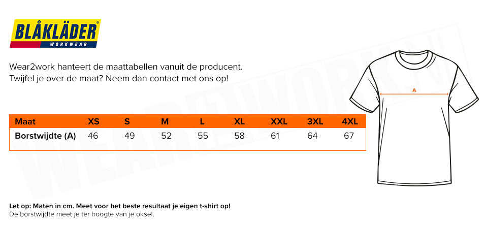 Blaklader t-shirt 3300 - Maattabel