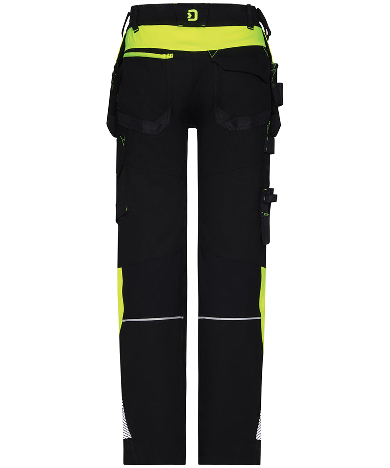 Dassy holsterzakkenbroek Shanghai stretch met kniezakken zwart geel achterkant