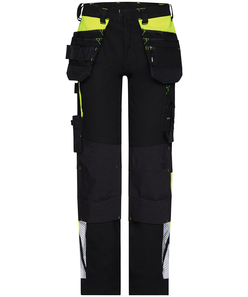 Dassy holsterzakkenbroek Shanghai stretch met kniezakken zwart geel voorkant