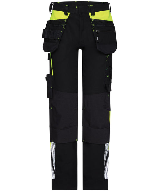 Dassy holsterzakkenbroek Shanghai stretch met kniezakken zwart geel voorkant