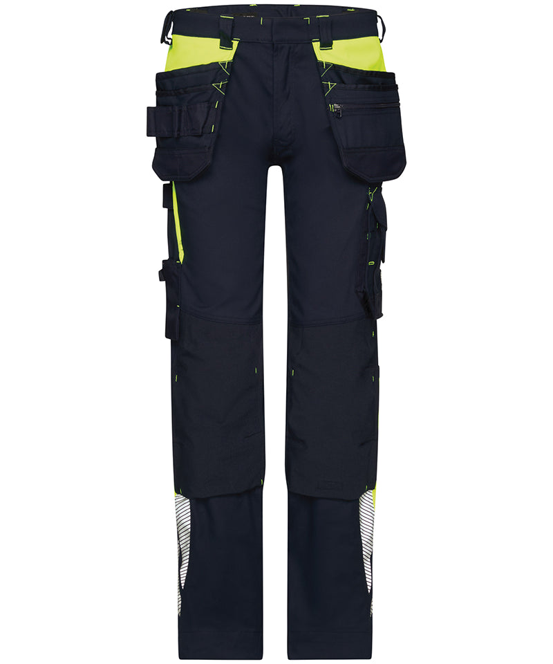 Dassy holsterzakkenbroek Shanghai stretch met kniezakken navy geel voorkant