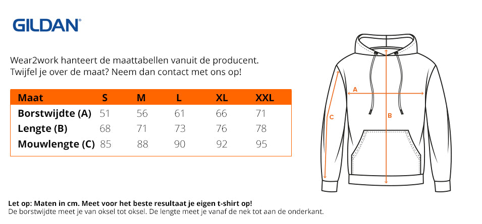 Gildan t-shirt met lange mouwen 2400 - Maattabel