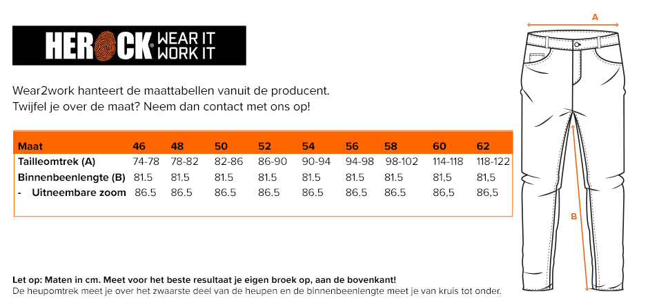 Herock werkbroek Torex - Maattabel