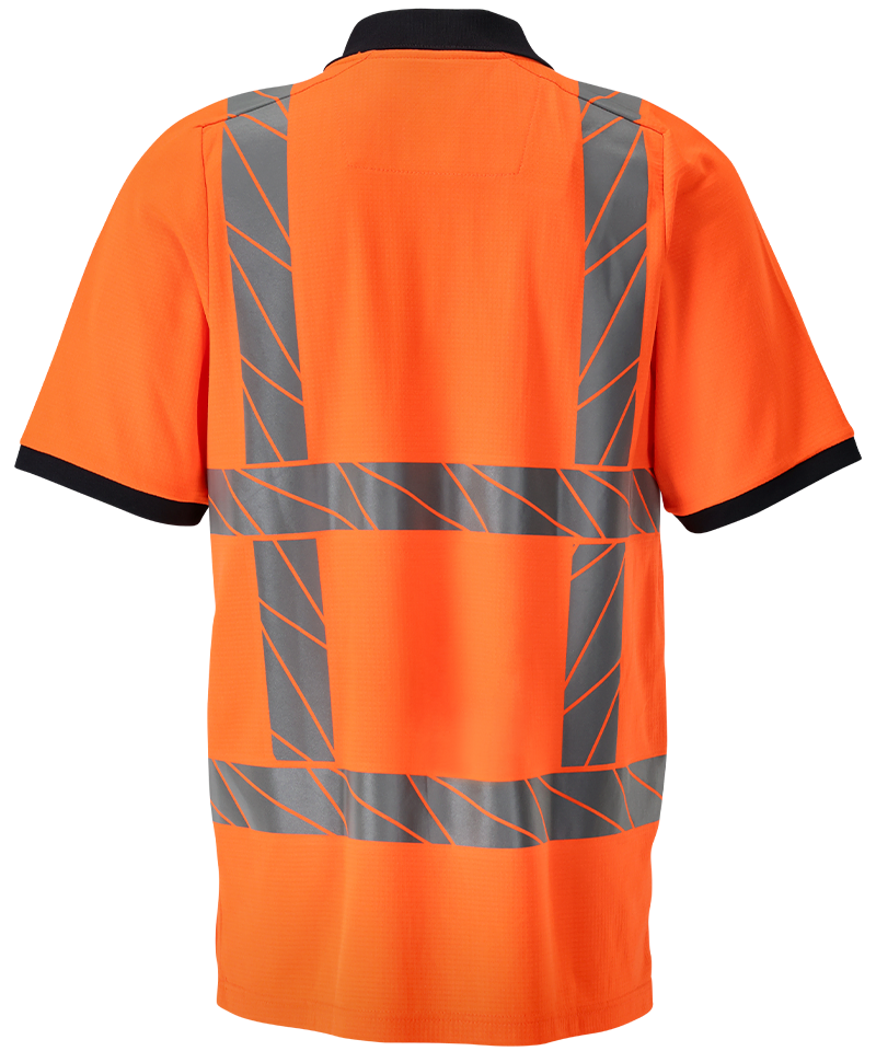 Mascot rws poloshirt in oranje met reflecterende strepen, achterkant