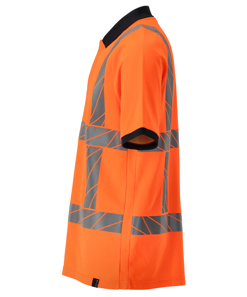 Mascot rws poloshirt in oranje met reflecterende strepen, zijkant