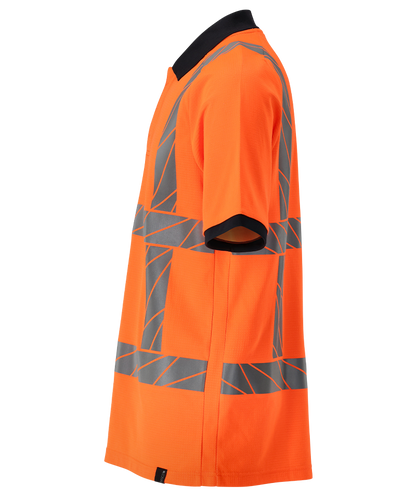 Mascot rws poloshirt in oranje met reflecterende strepen, zijkant
