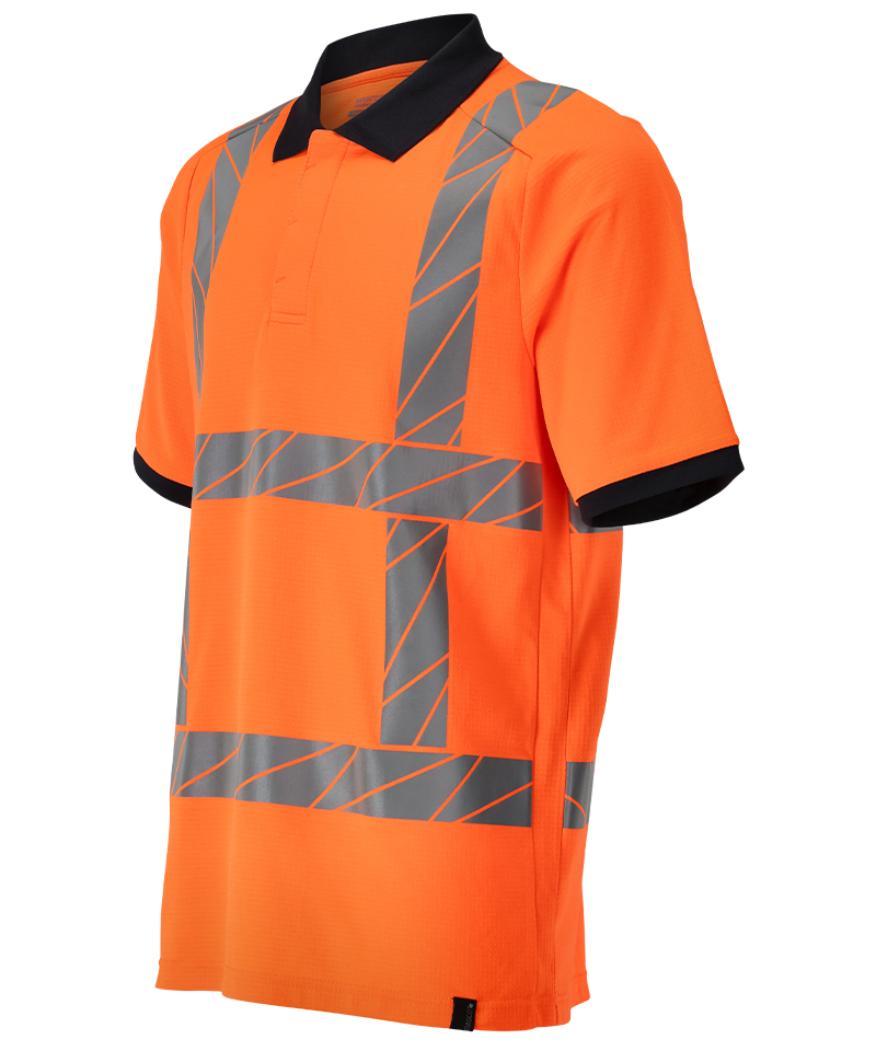 Mascot rws poloshirt in oranje met reflecterende strepen, schuin
