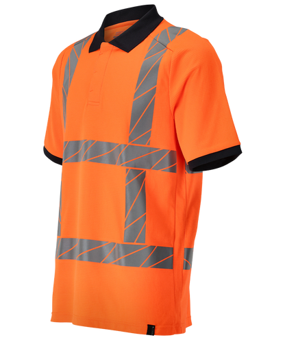Mascot rws poloshirt in oranje met reflecterende strepen, schuin