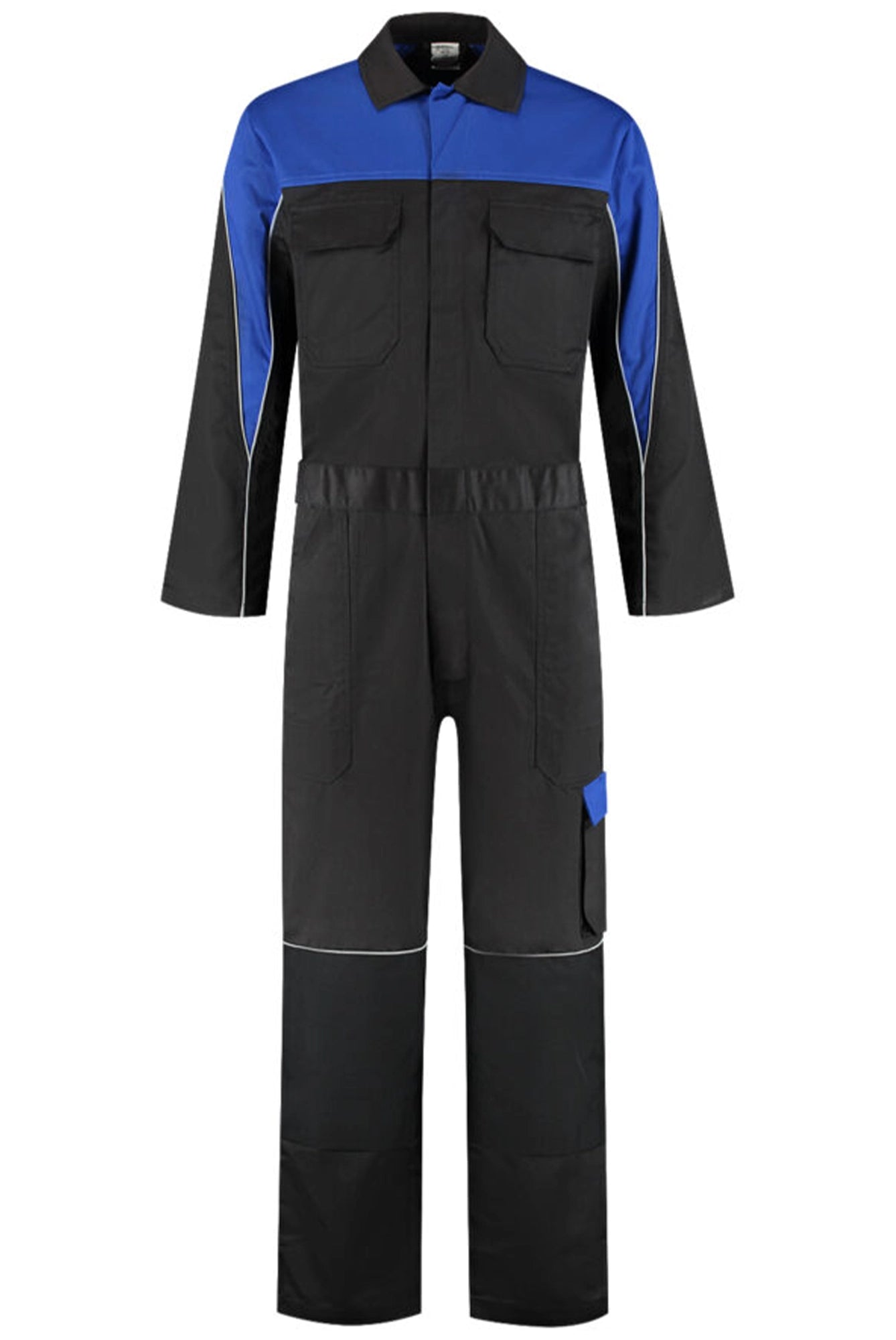 Overall Polyester/Katoen met verdekte rits 2-kleuren zwart blauw voorkant