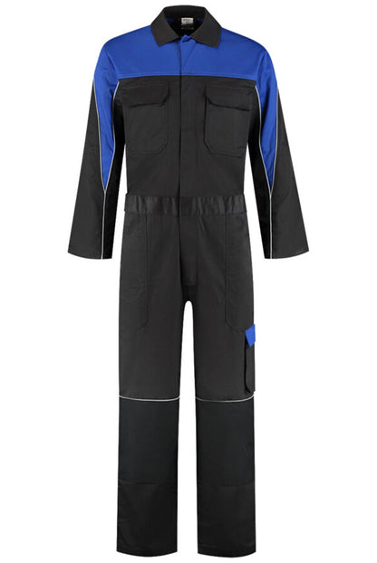 Overall Polyester/Katoen met verdekte rits 2-kleuren zwart blauw voorkant