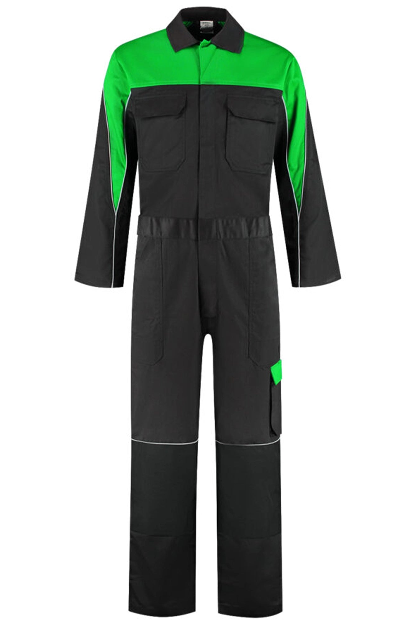 Overall Polyester/Katoen met verdekte rits 2-kleuren zwart groen voorkant