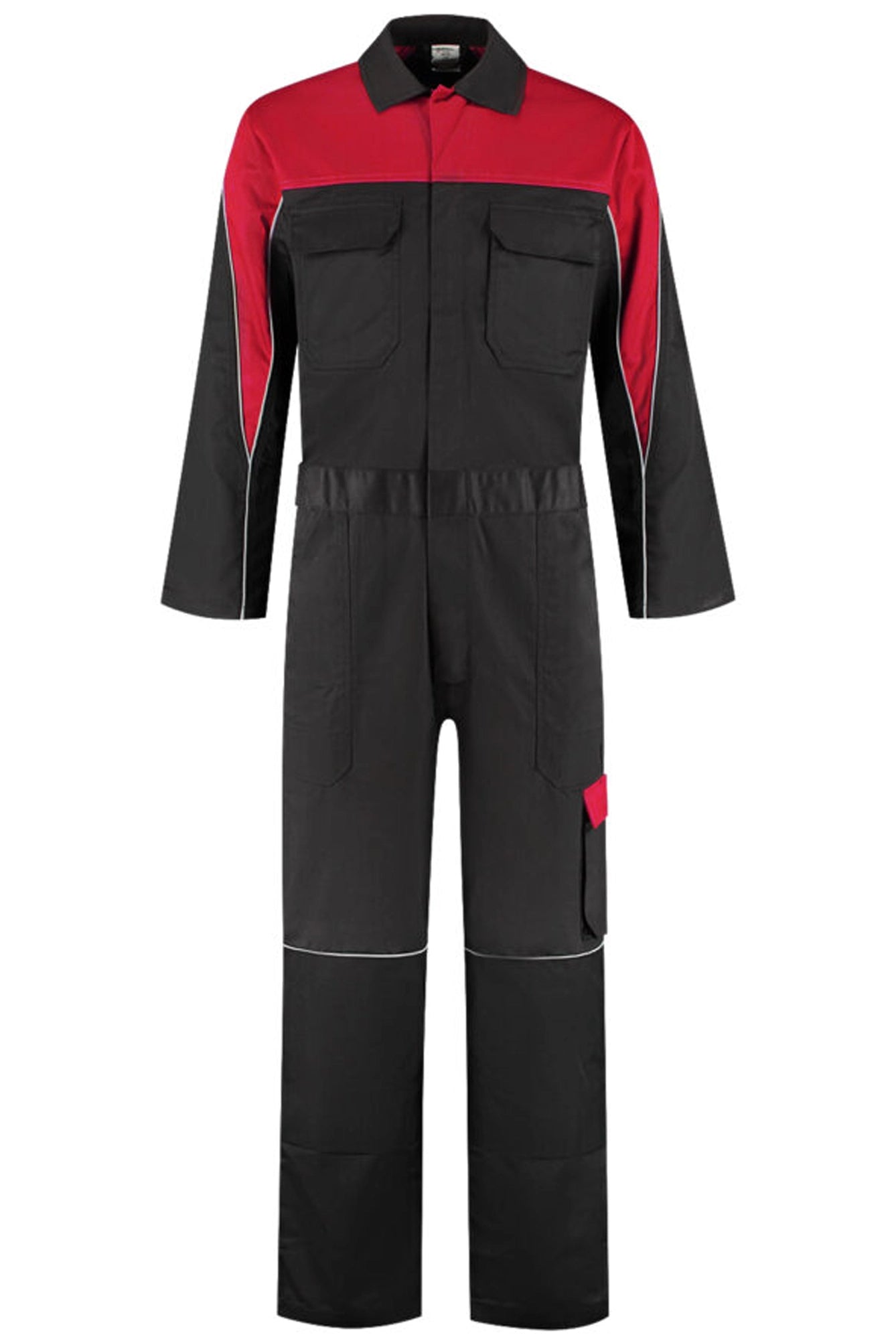 Overall Polyester/Katoen met verdekte rits 2-kleuren zwart rood voorkant