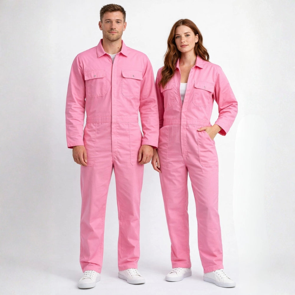 Overall Drukknoop polyester/katoen roze aan foto modellen