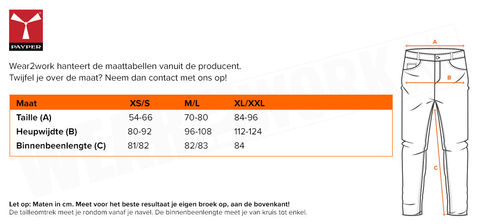 Thermobroek dames Payper pro - Maattabel