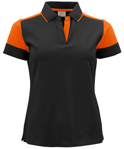 Poloshirt Dames Printer Prime Zwart-Oranje voorkant