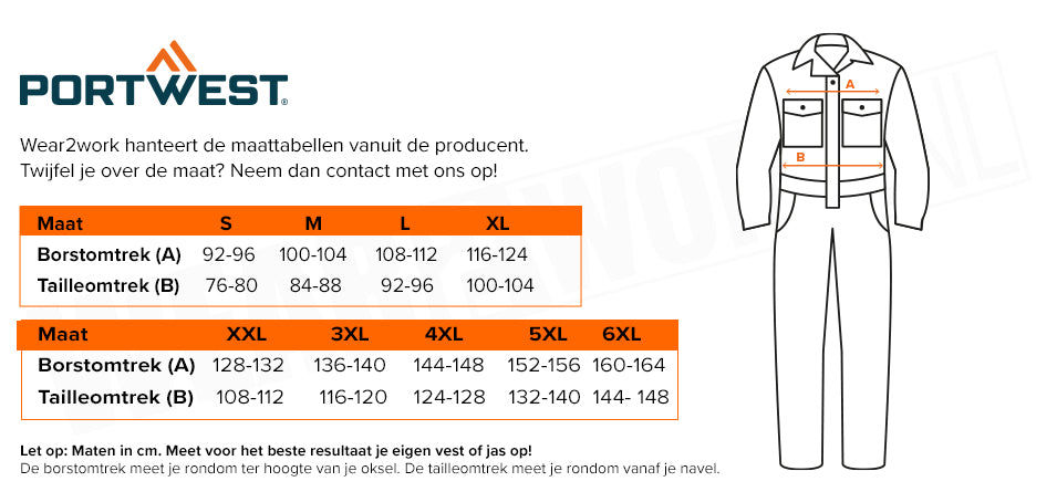 Gevoerde overall high-visibility Portwest S485 - Maattabel