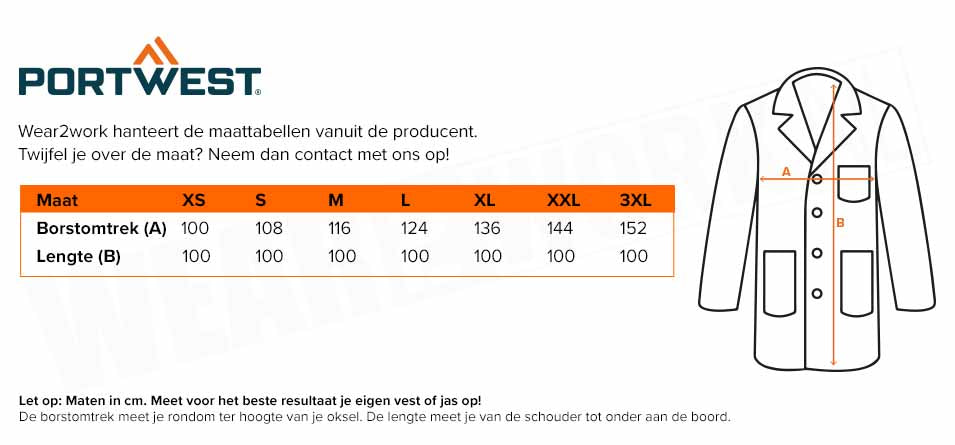 Vlamvertragende werkjas Portwest FR34 - Maattabel