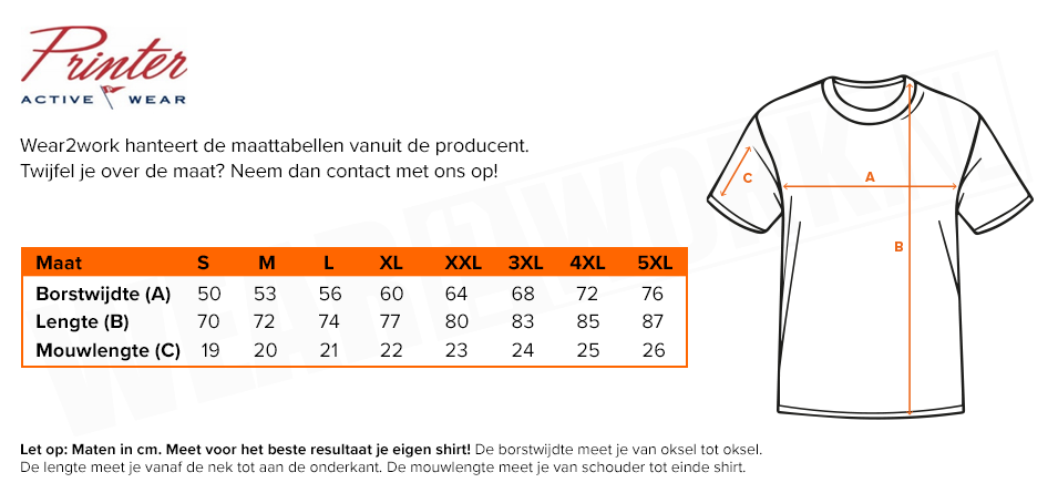 Printer Heavier Pro T-Shirt - Maattabel