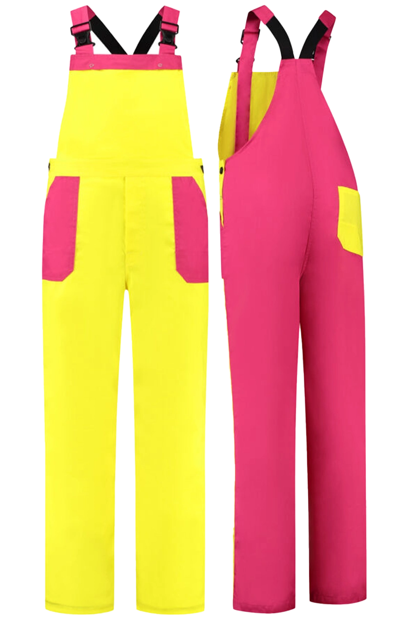 Tuinbroek 2-kleurig polyester-katoen geel fuchsia
