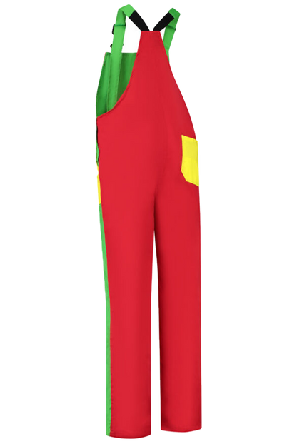 Tuinbroek 3-kleurig groen-rood-geel achterkant