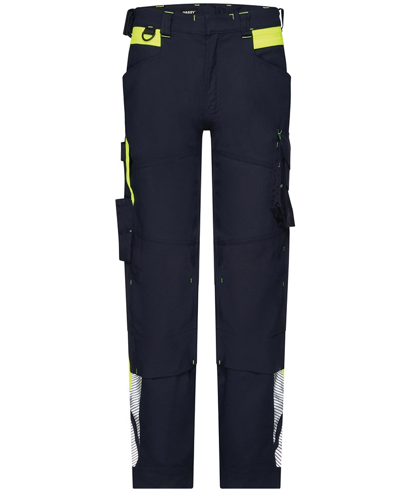 Dassy werkbroek Canton stretch met kniezakken navy geel voorkant