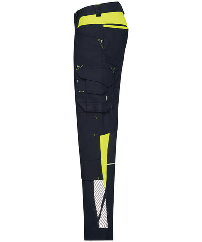 Dassy dames werkbroek Canton stretch met kniezakken navy geel zijkant