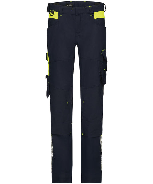 Dassy dames werkbroek Canton stretch met kniezakken navy geel voorkant