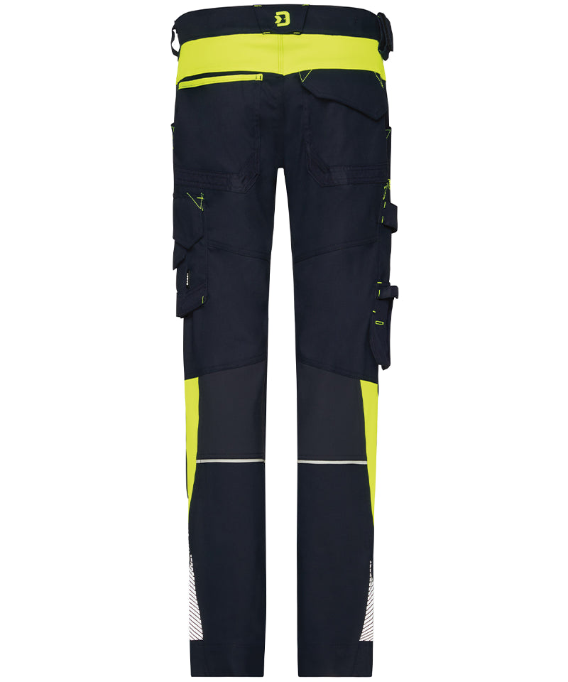 Dassy dames werkbroek Canton stretch met kniezakken navy geel achterkant