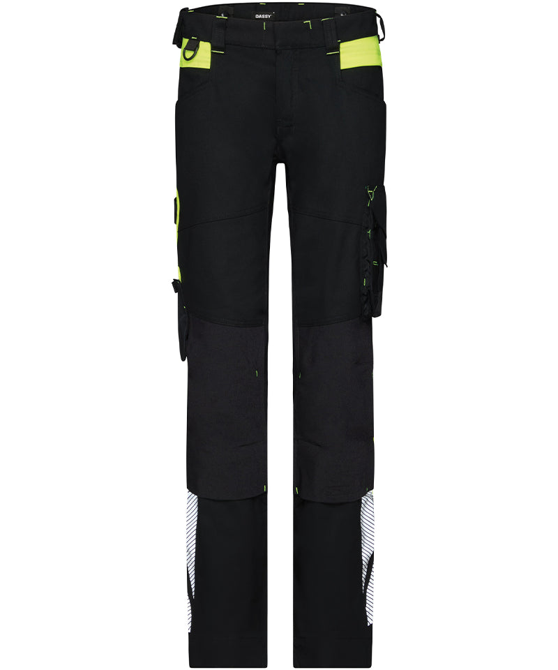 Dassy dames werkbroek Canton stretch met kniezakken zwart geel voorkant