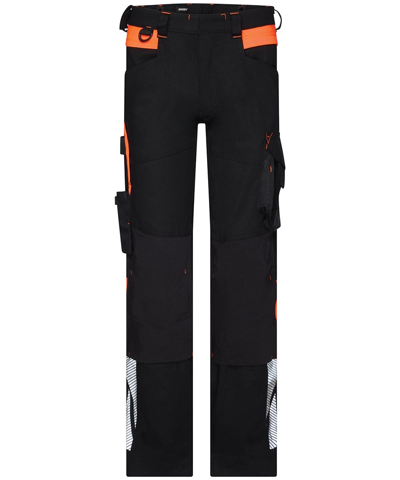 Dassy werkbroek Canton stretch met kniezakken zwart oranje voorkant