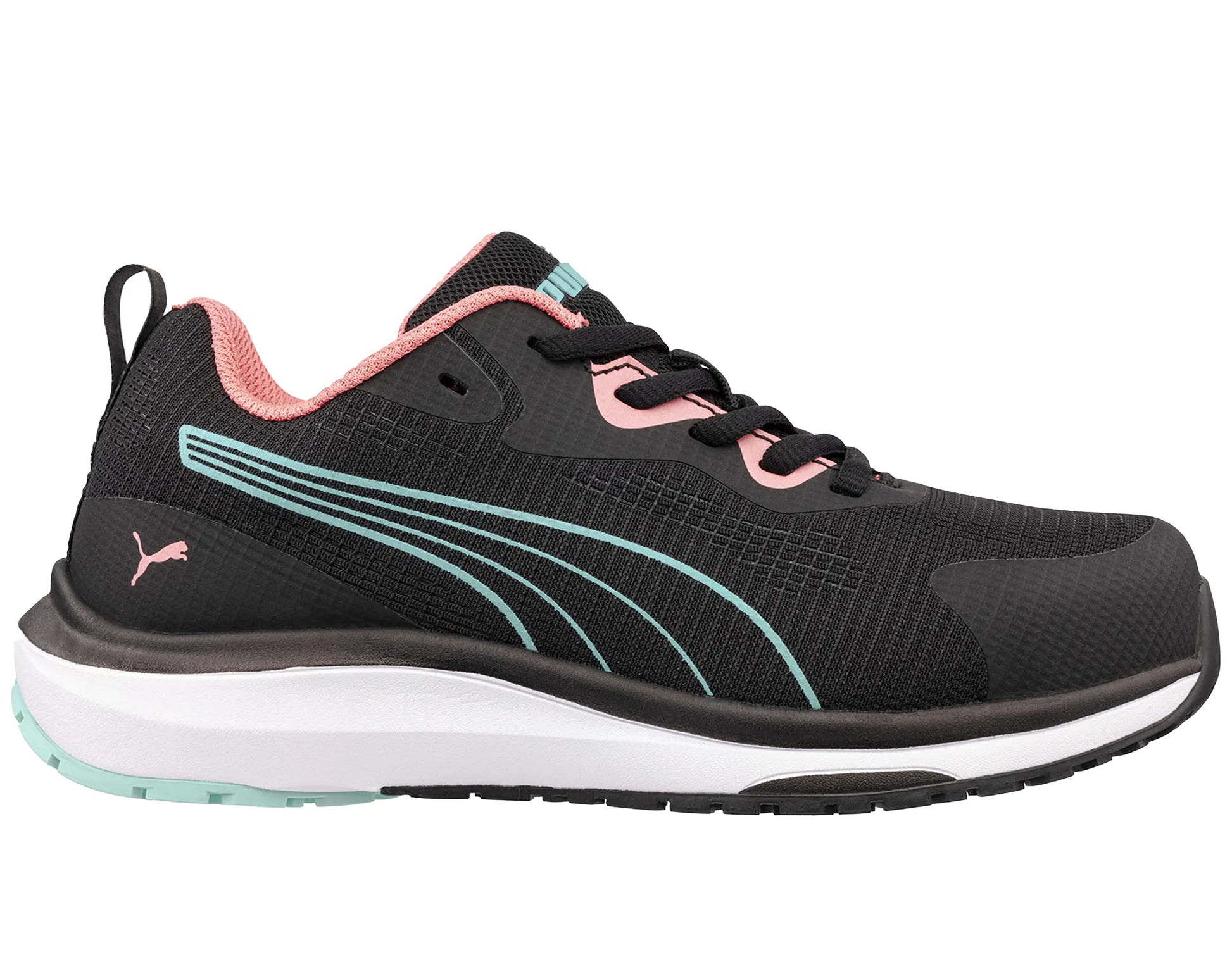 Puma dames werkschoenen S1PS 64297 zijkant roze logo blauwe strepen