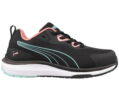 Puma dames werkschoenen S1PS 64297 zijkant roze logo blauwe strepen