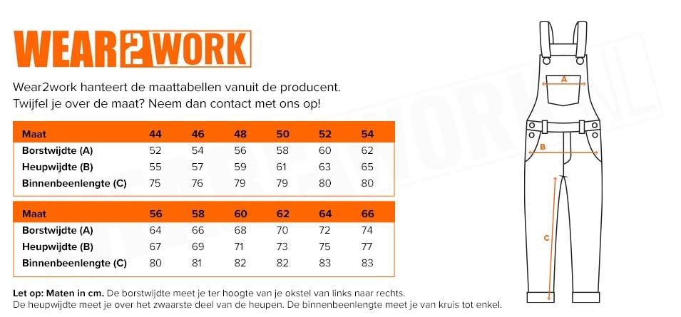 Bodybroek katoen-polyester wit - Maattabel