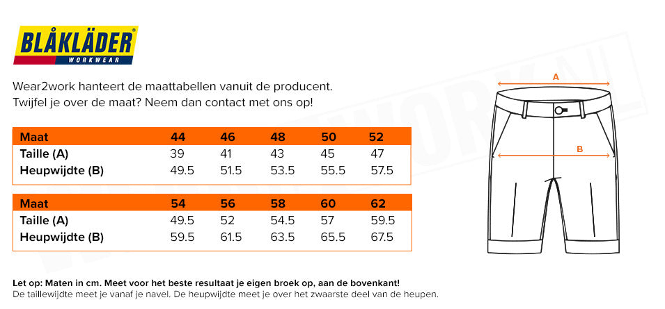 Korte werkbroek Blaklader 1526 - Maattabel