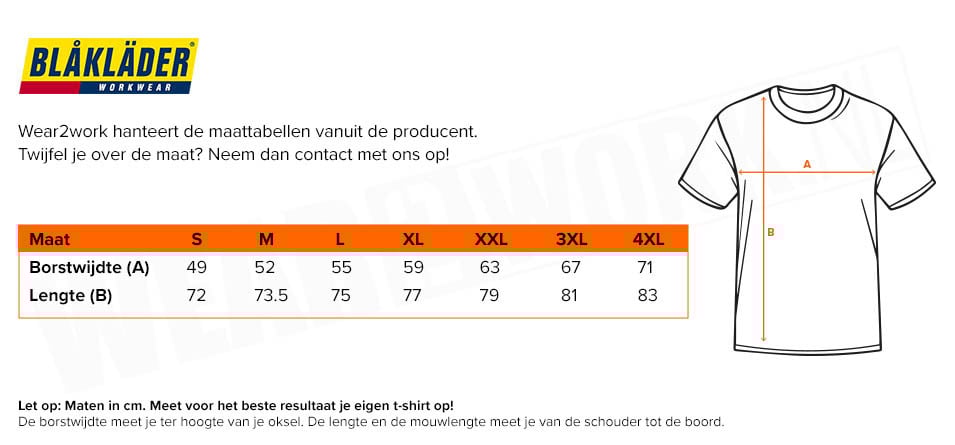 Poloshirt Blaklader Pique - Maattabel