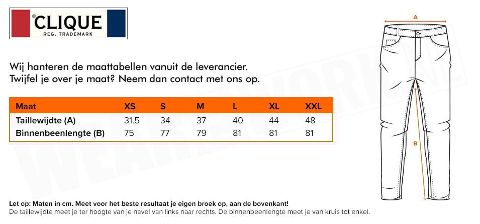 Dames werkbroek Kenai Clique - Maattabel