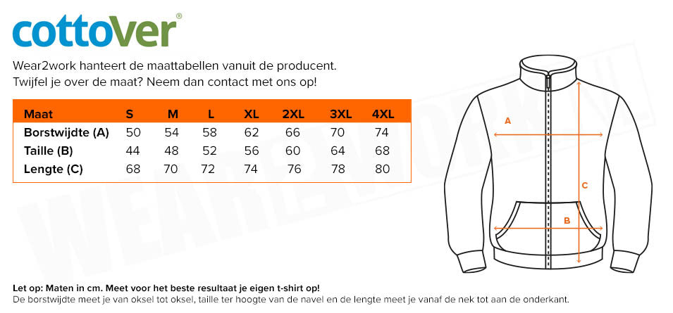Cottover hoodie heren - Maattabel