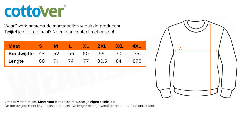 Cottover t-shirt met lange mouwen heren wit - Maattabel