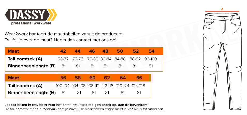 Werkbroek Dassy Miami 100% katoen - Maattabel