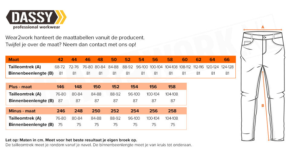 Schilders werkbroek Dassy stretch Dynax - Maattabel