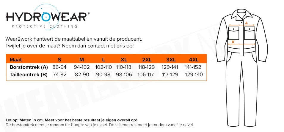 Overall Multinorm Hydrowear Mierlo - Maattabel