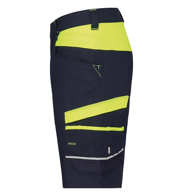 Dassy dames werkshort Manilla stretch navy geel zijkant