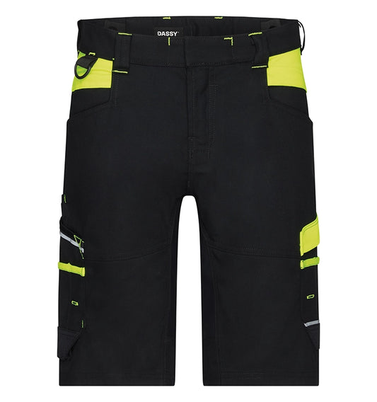 Dassy dames werkshort Manilla stretch zwart geel voorkant