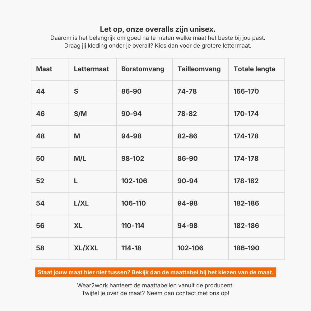 Overall Drukknoop polyester/katoen maattabel 